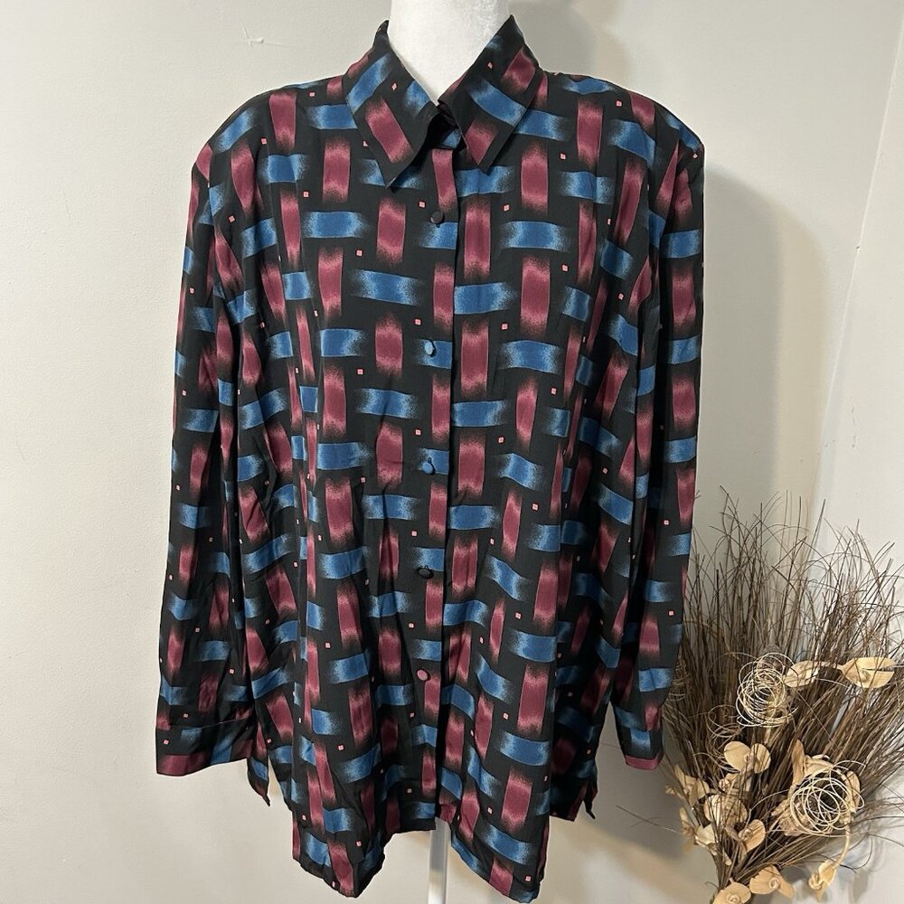 Vtg Susan Hutton Women Long Sleeve Button Up Blouse Top Geometric Multicolor 26W